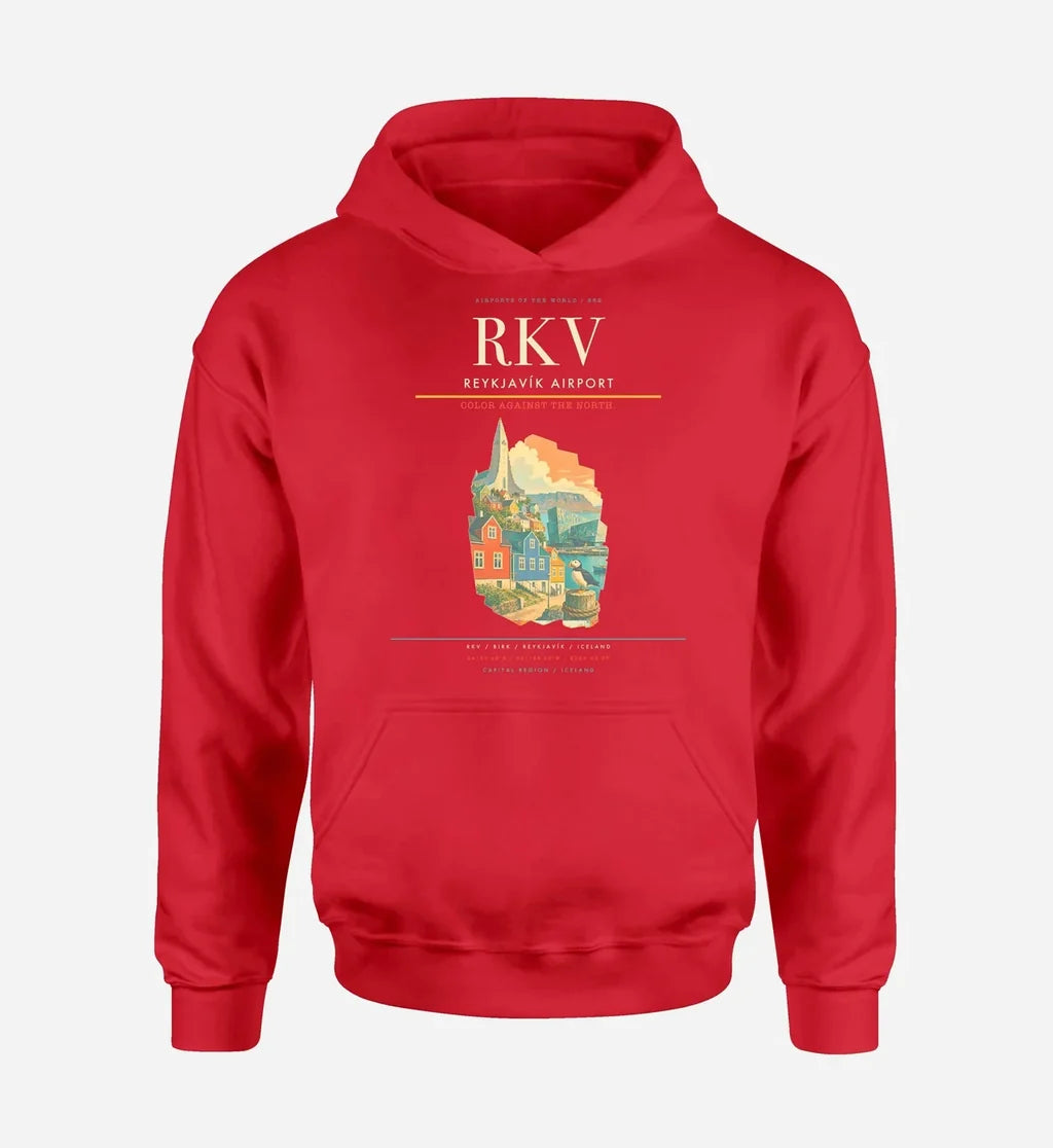 Reykjavík Airport (RKV) design on red hoodie single-side print