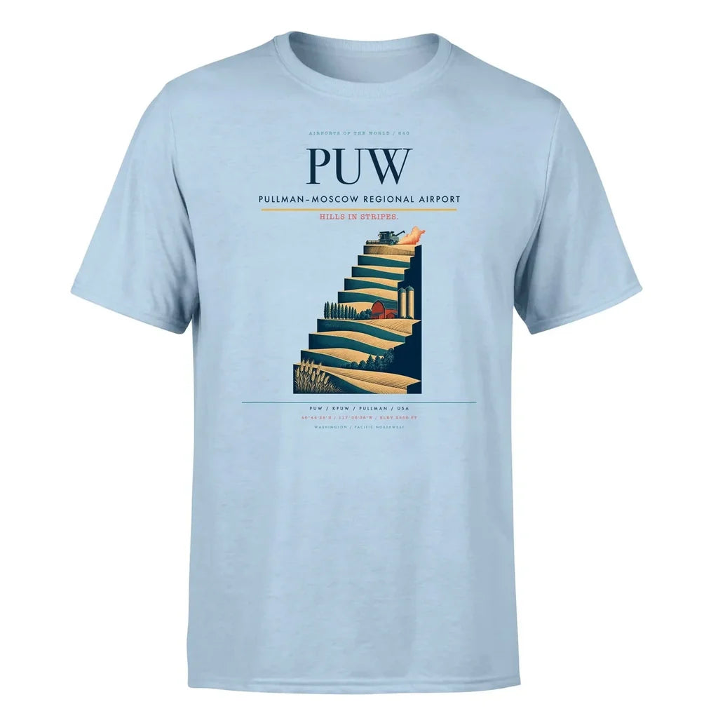 Pullman–Moscow Regional Airport (PUW) T-Shirt single-side front print in Light Blue | pullmanmoscow-regional-airport-puw-double-side-t-shirt