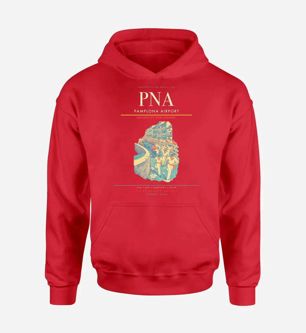 Pamplona Airport (PNA) design on red hoodie single-side print