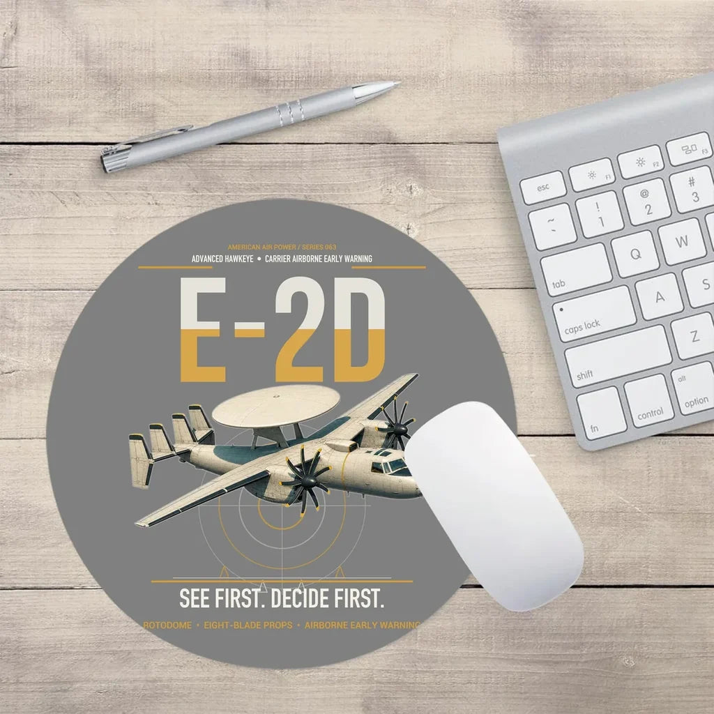 E-2D Advanced Hawkeye design on gray round mouse pad