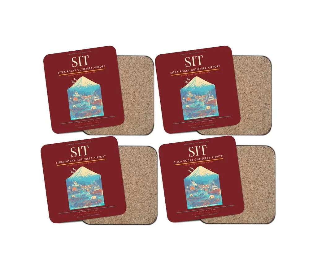 Sitka Rocky Gutierrez Airport (SIT) design on dark red 4 pieces set coaster