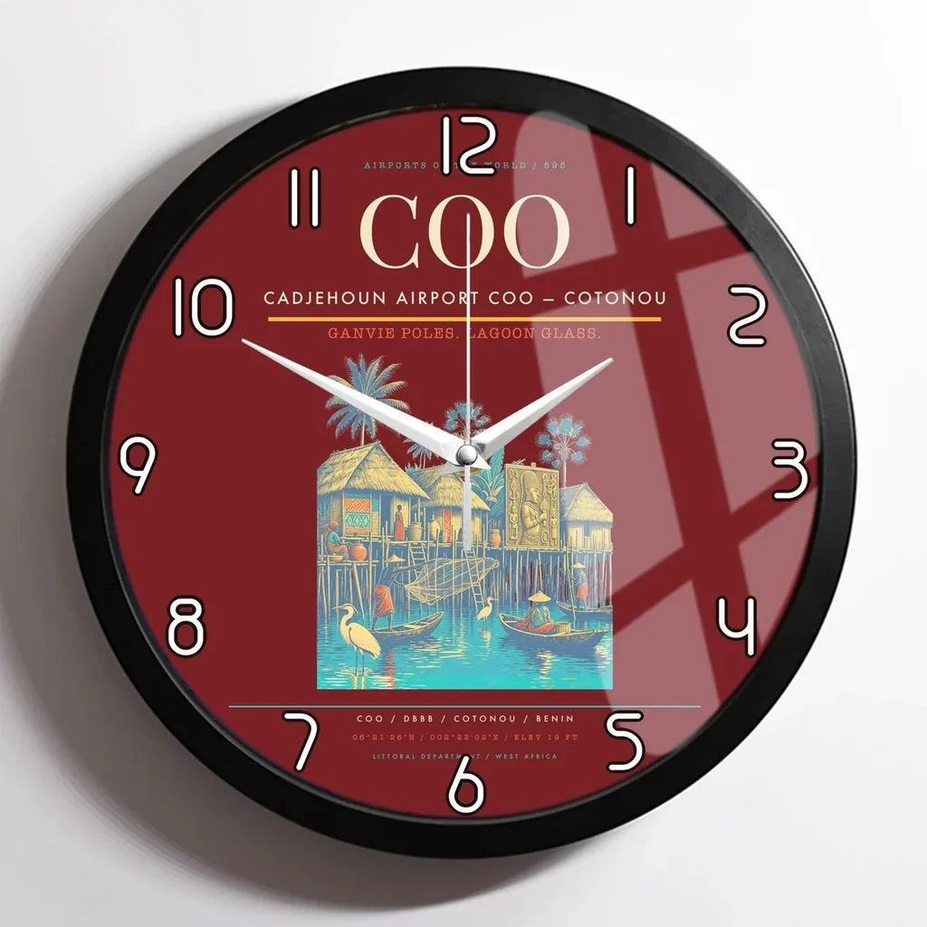 Cadjehoun Airport (COO) design on dark red framed wall clock