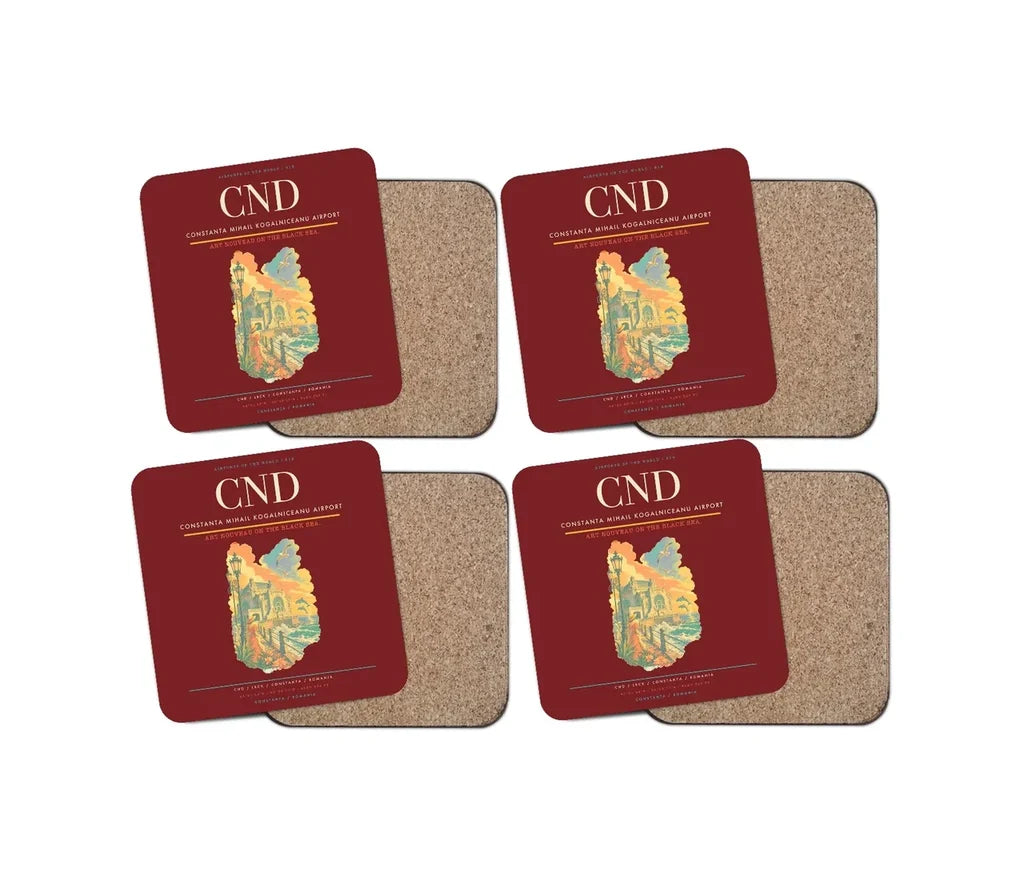 Constanta Mihail Kogalniceanu Airport (CND) design on dark red 4 pieces set coaster