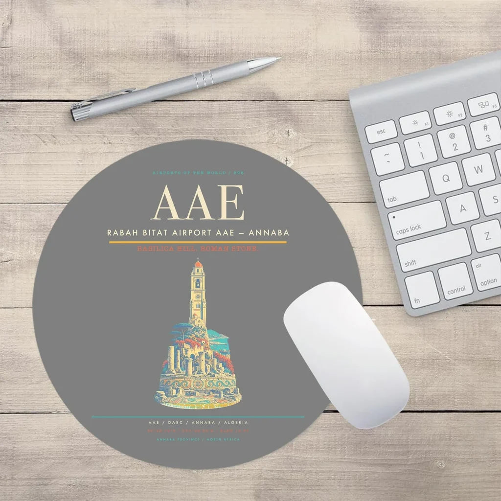 Rabah Bitat Airport (AAE) design on gray round mouse pad