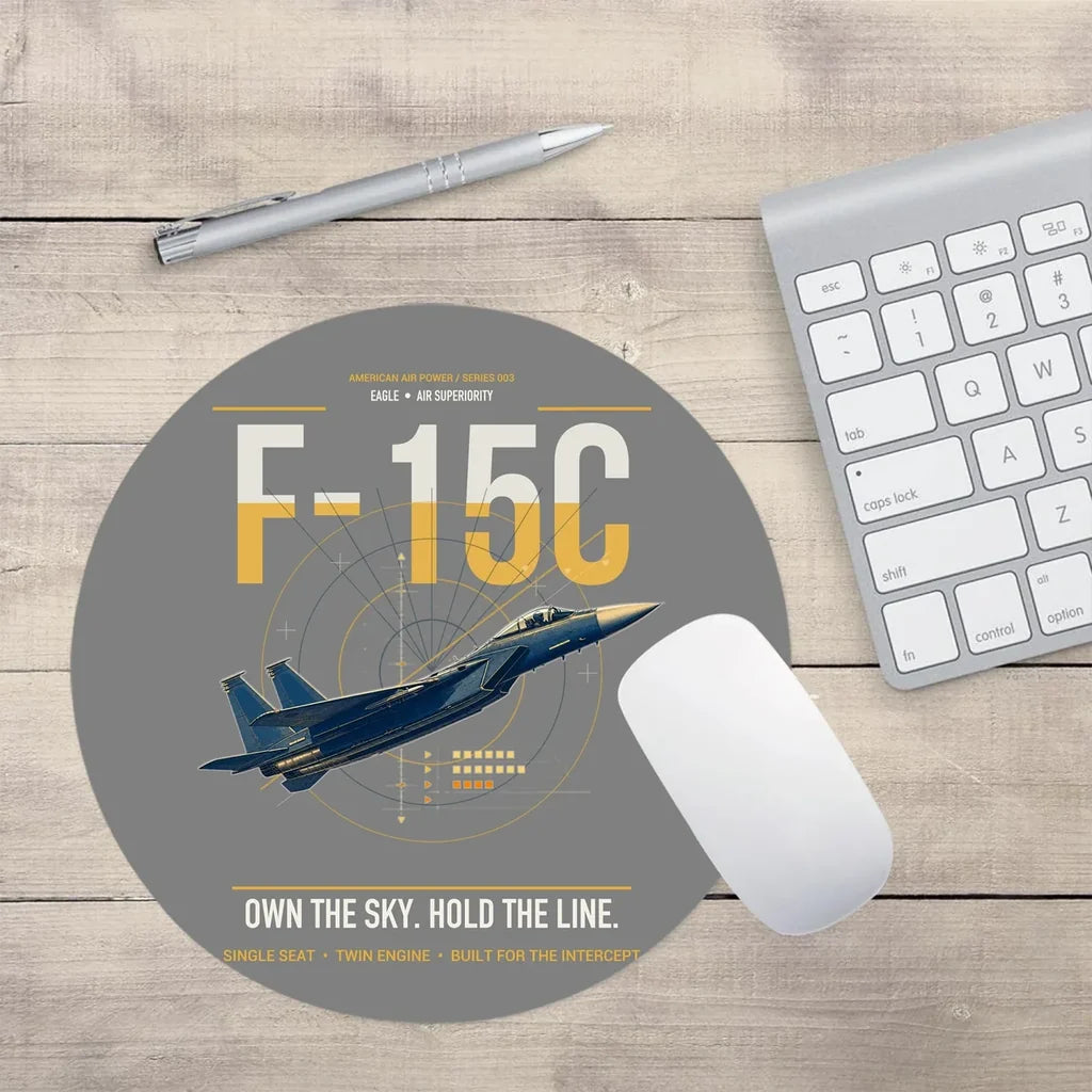 F-15C Eagle design on gray round mouse pad