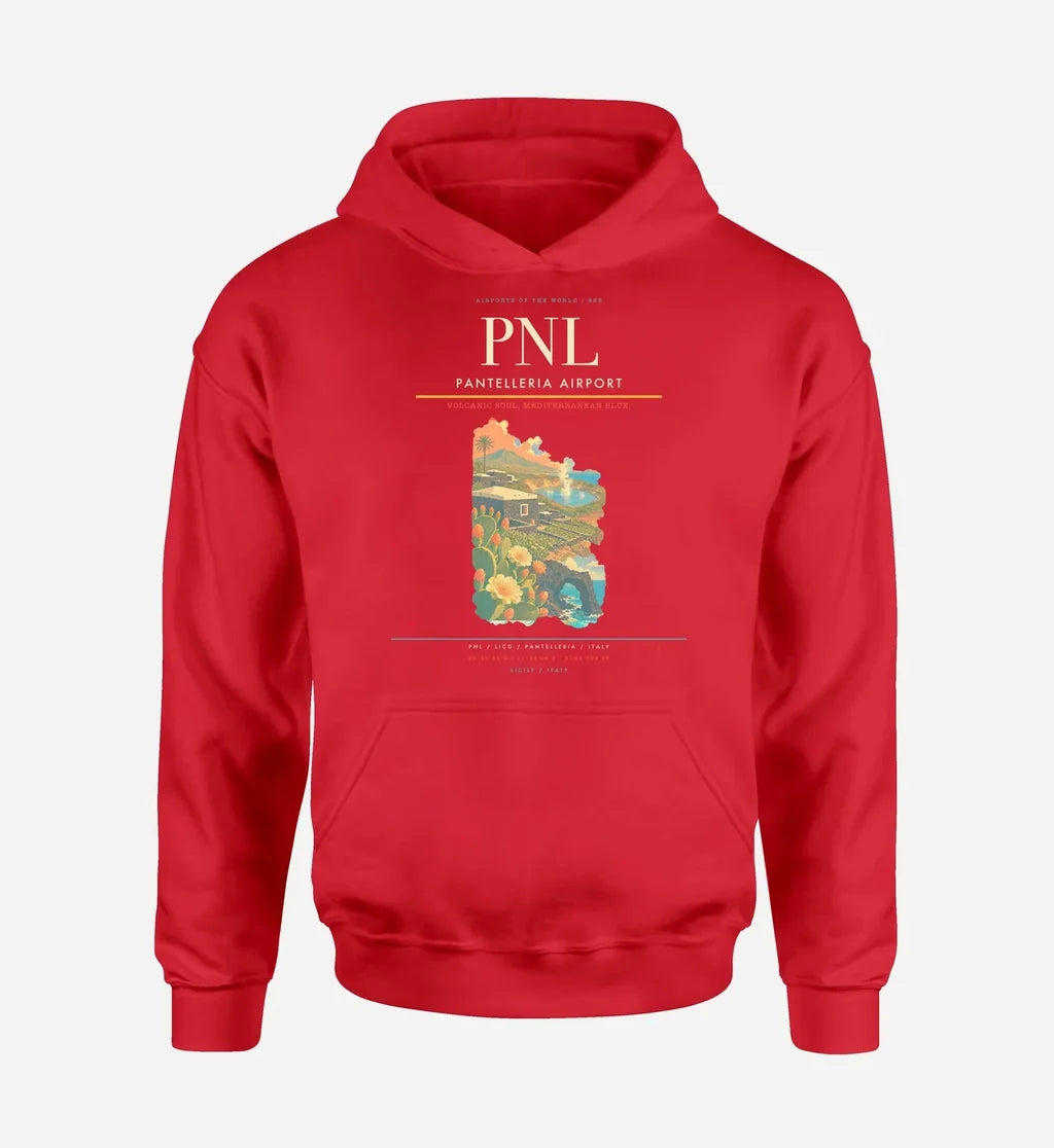 Pantelleria Airport (PNL) design on red hoodie single-side print