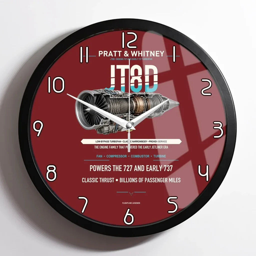 JT8D design on dark red framed wall clock