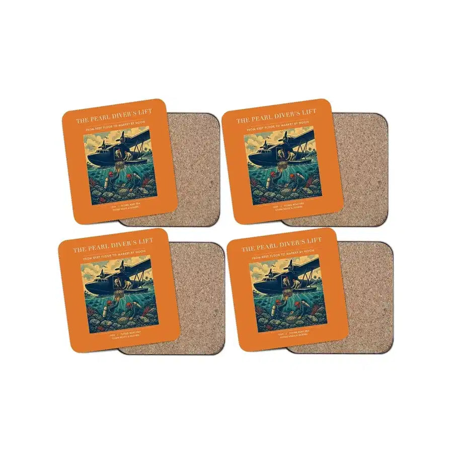 The Pearl Diver's Lift - Designed Coasters design on orange 4-pieces-set