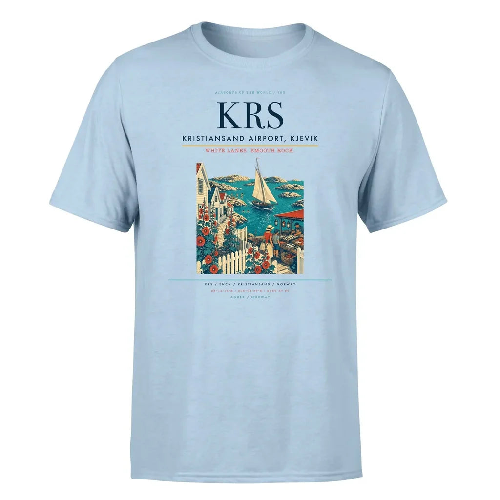 Kristiansand Airport, Kjevik (KRS) T-Shirt single-side front print in Light Blue | kristiansand-airport-kjevik-krs-double-side-t-shirt