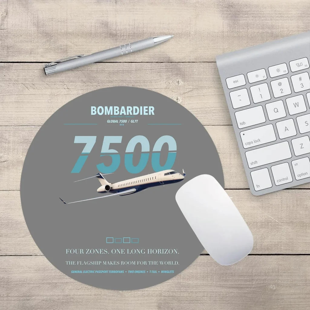 Bombardier Global 7500 design on gray round mouse pad