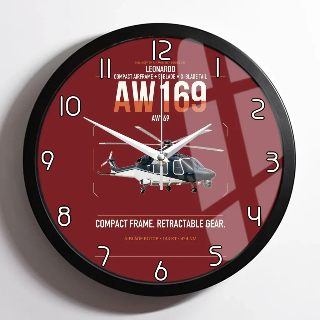 Leonardo AW169 design on dark red framed wall clock