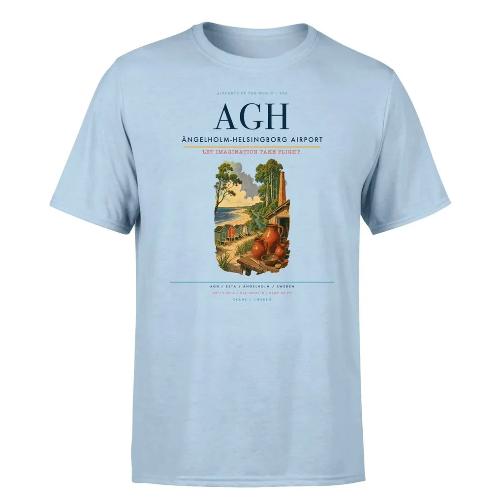 Ängelholm-Helsingborg Airport (AGH) T-Shirt single-side front print in Light Blue | ängelholm-helsingborg-airport-agh-double-side-t-shirt