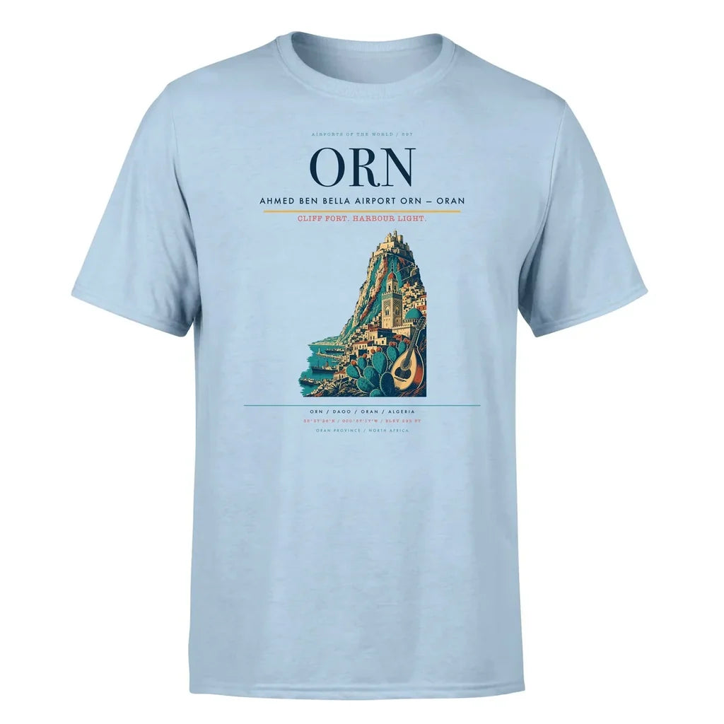 Ahmed Ben Bella Airport (ORN) T-Shirt single-side front print in Light Blue | ahmed-ben-bella-airport-orn-double-side-t-shirt