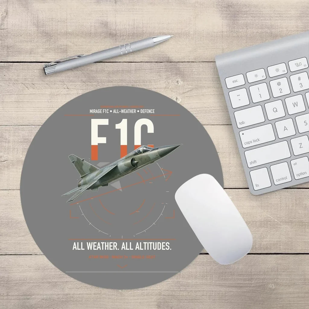 Dassault Mirage F1C design on gray round mouse pad