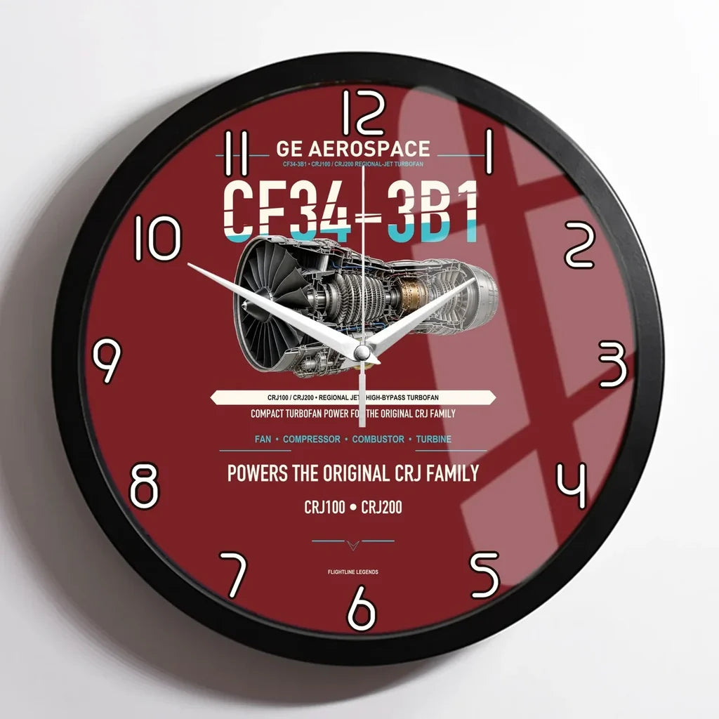 CF34-3B1 design on dark red framed wall clock