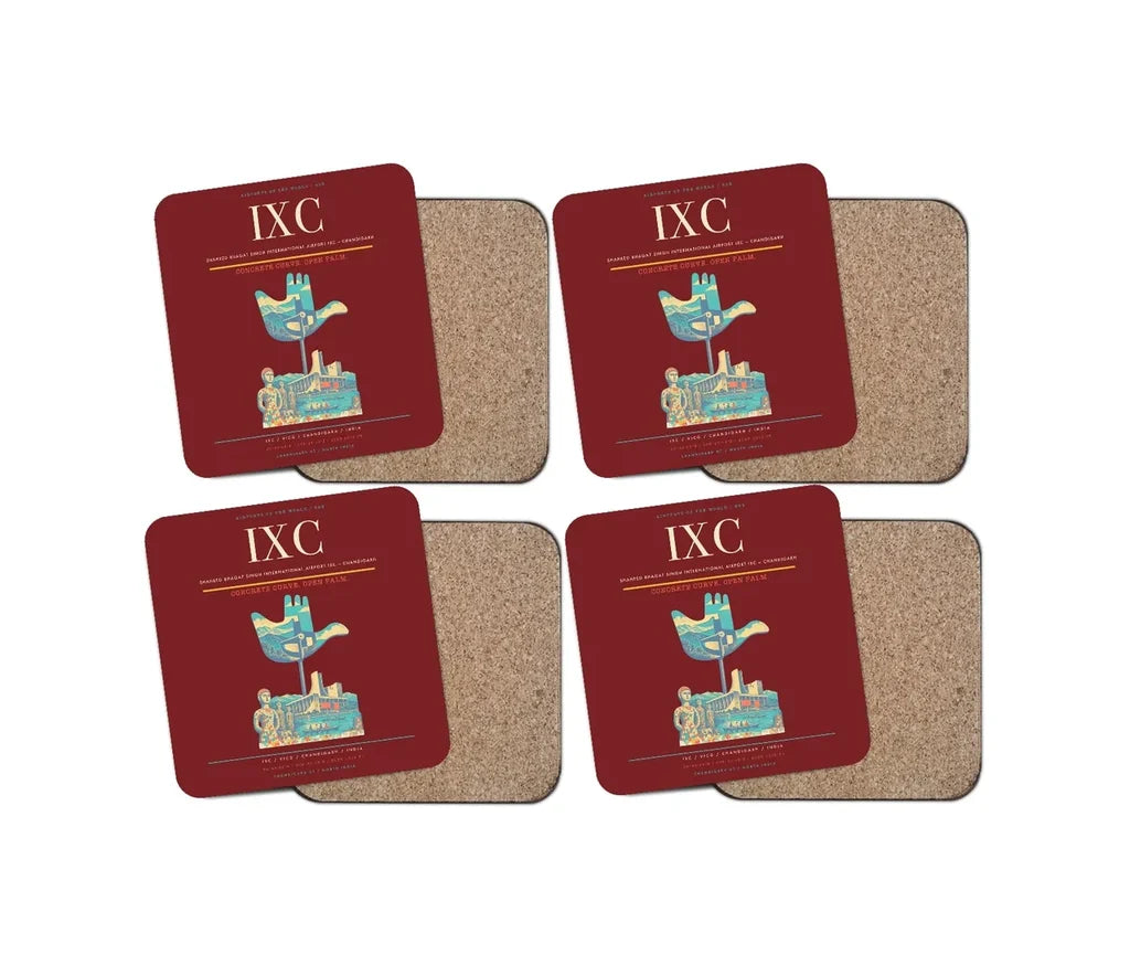 Shaheed Bhagat Singh International Airport (IXC) design on dark red 4 pieces set coaster