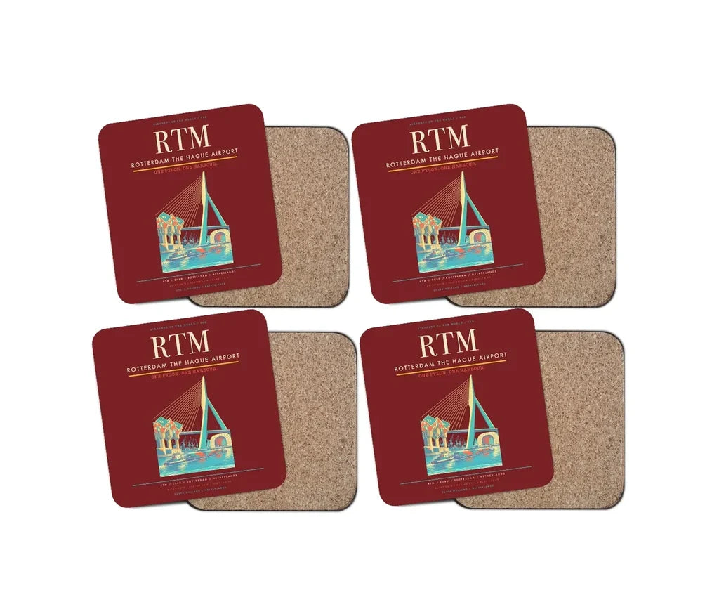 Rotterdam The Hague Airport (RTM) design on dark red 4 pieces set coaster