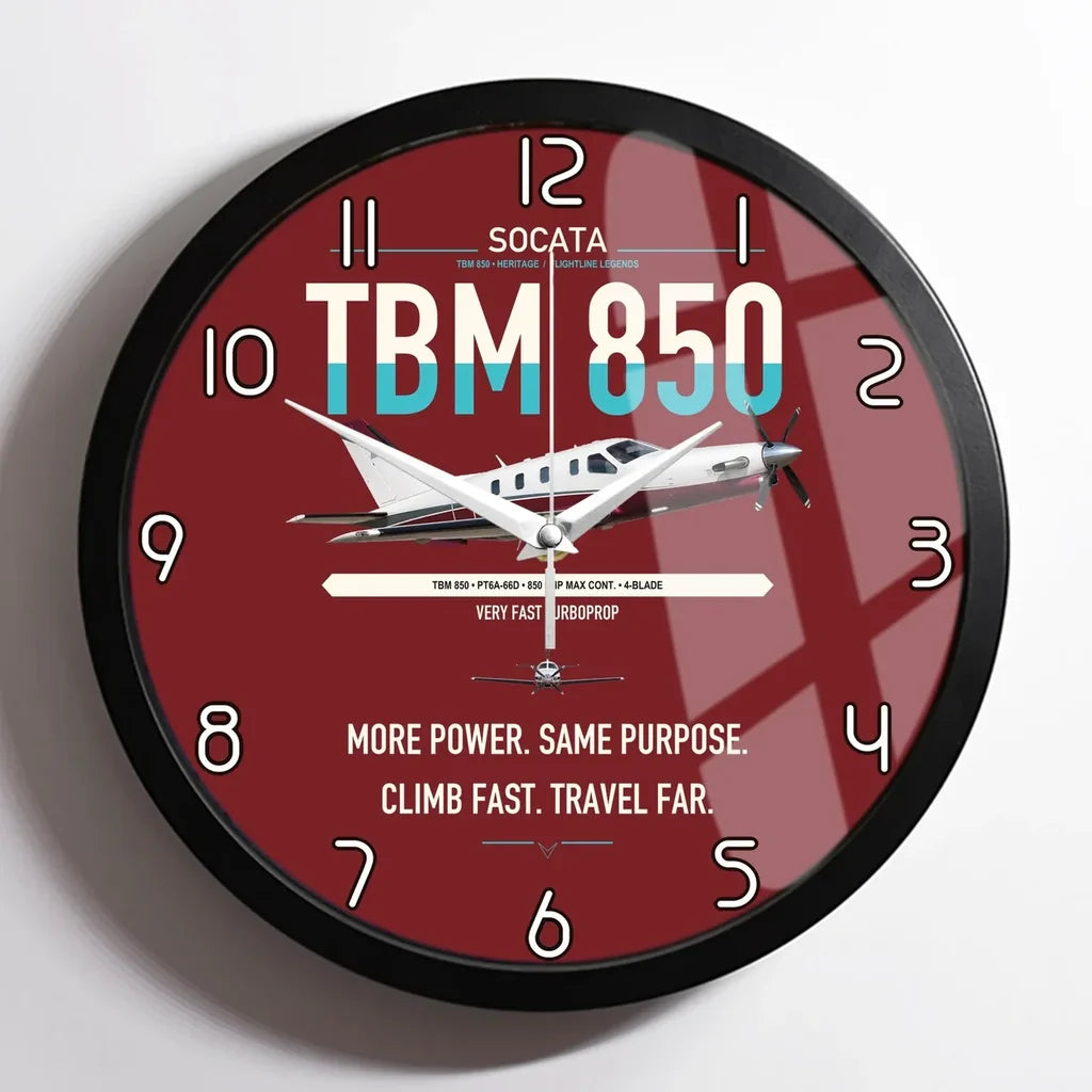 Socata TBM 850 design on dark red framed wall clock