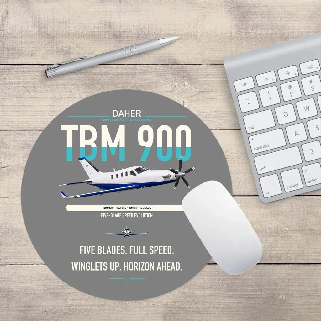 Daher TBM 900 design on gray round mouse pad