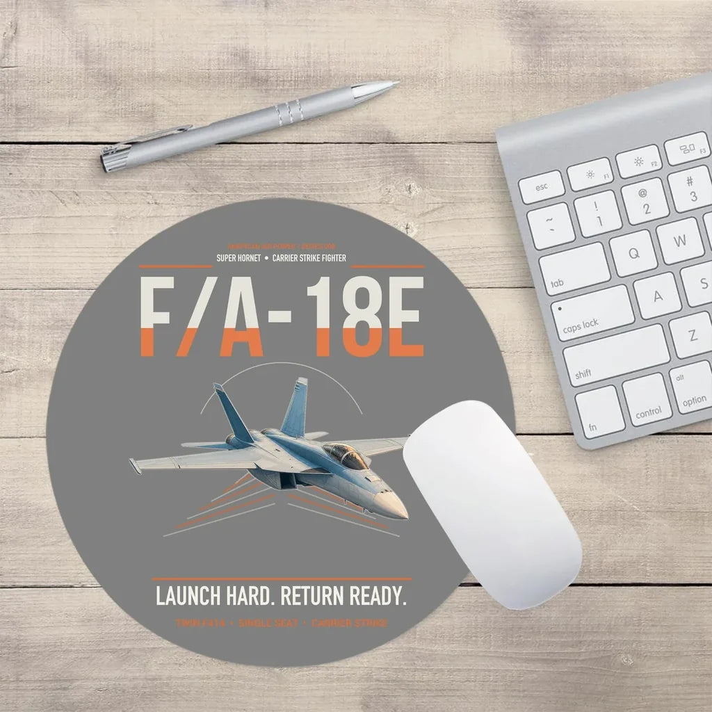 F-A-18E Super Hornet design on gray round mouse pad