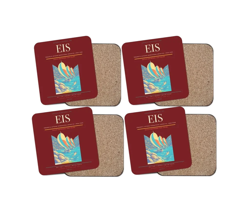 Terrance B. Lettsome International Airport (EIS) design on dark red 4 pieces set coaster
