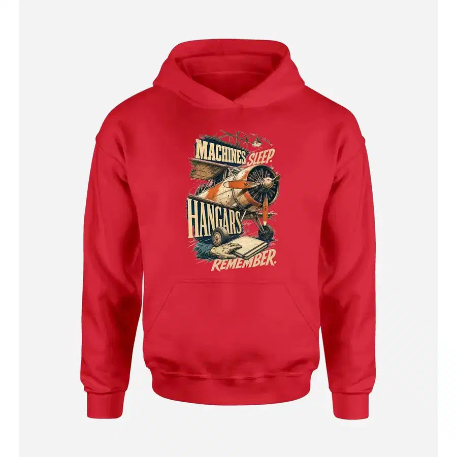 SIGNAL 653 - Machines Sleep. Hangars Remember. design on red hoodie single side
