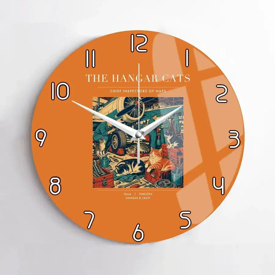 VINTAGE G4137 - The Hangar Cats - Designed Wall Clocks design on orange no-frame
