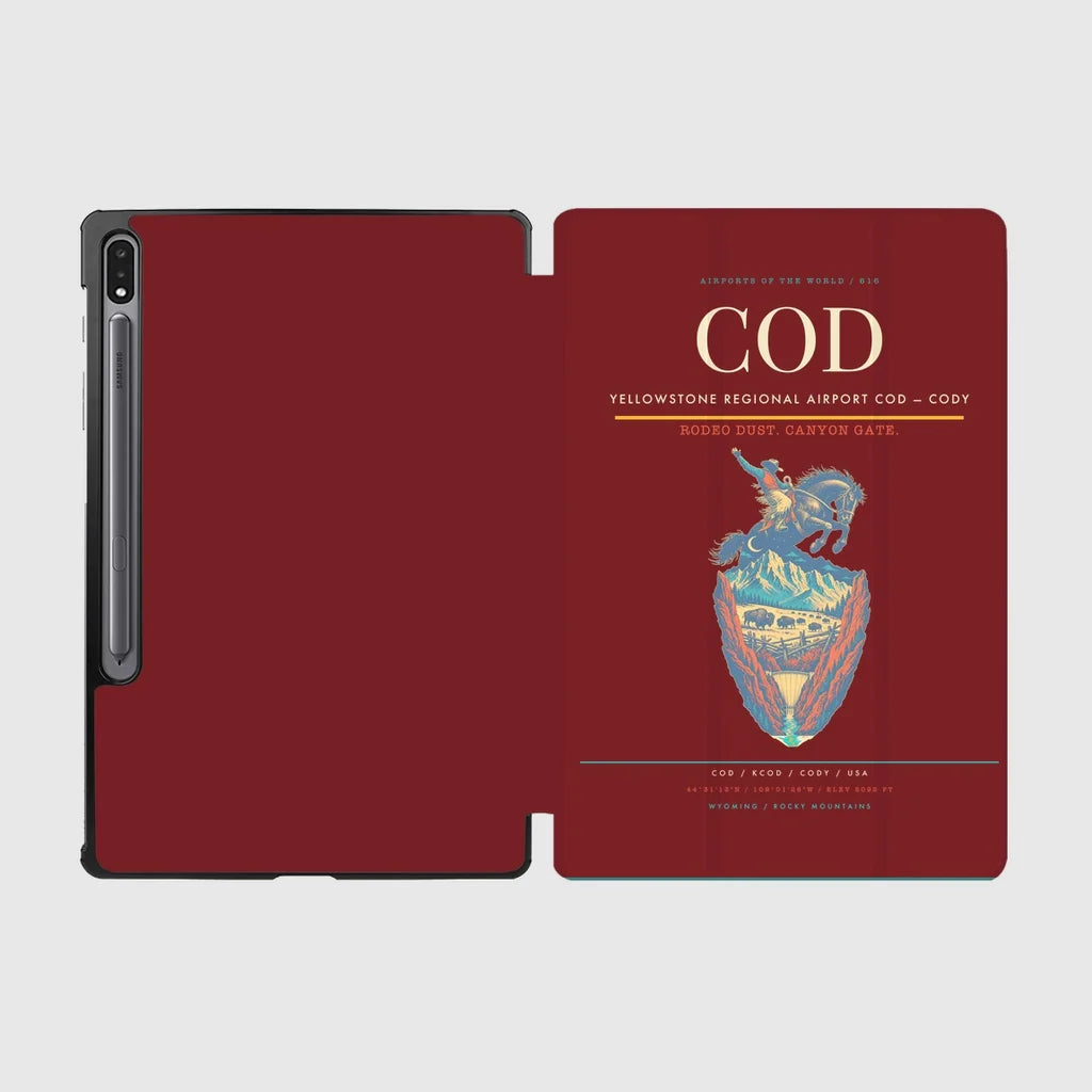 Yellowstone Regional Airport (COD) design on dark red samsung tablet tablet case