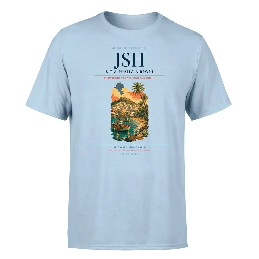 Sitia Public Airport (JSH) T-Shirt single-side front print in Light Blue | sitia-public-airport-jsh-double-side-t-shirt