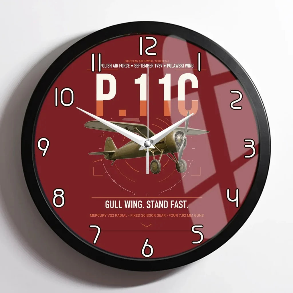 PZL P.11c design on dark red framed wall clock