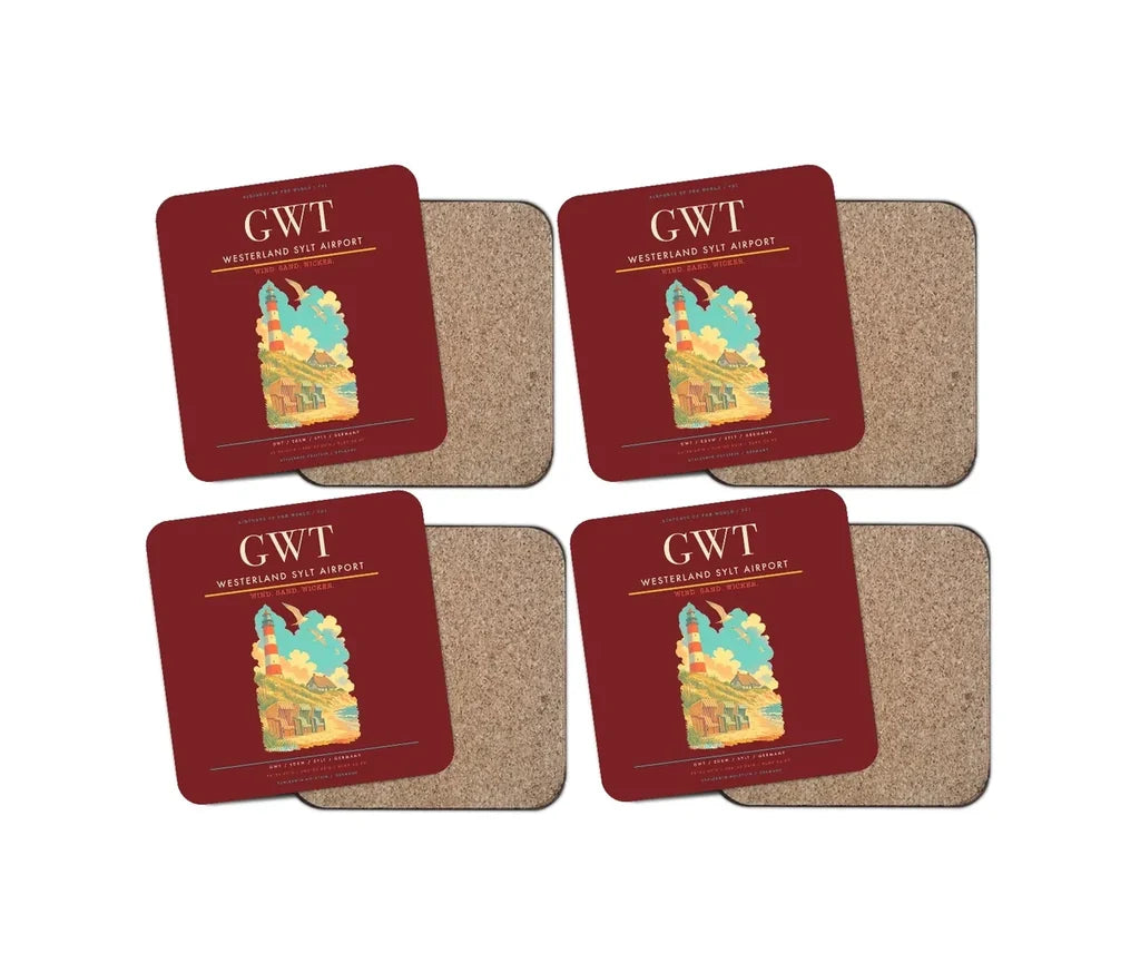 Westerland Sylt Airport (GWT) design on dark red 4 pieces set coaster