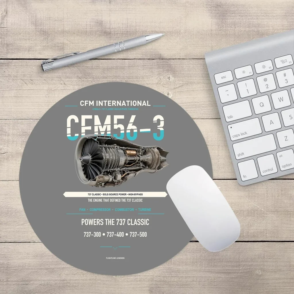 CFM56-3 design on gray round mouse pad