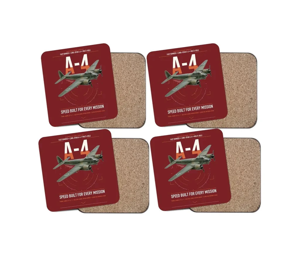 Junkers Ju 88A-4 design on dark red 4 pieces set coaster