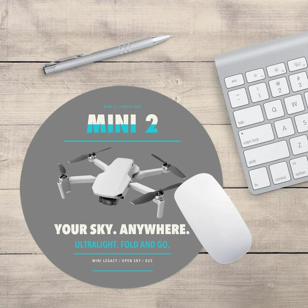 DJI Mini 2 design on gray round mouse pad