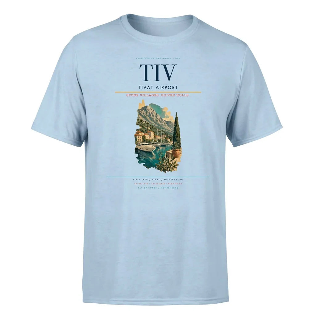 Tivat Airport (TIV) T-Shirt single-side front print in Light Blue | tivat-airport-tiv-double-side-t-shirt
