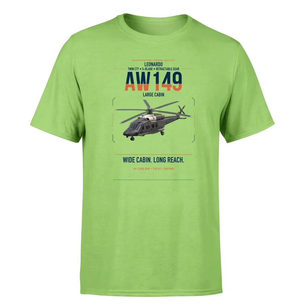 Leonardo AW149 design on light green t-shirt, single-side print