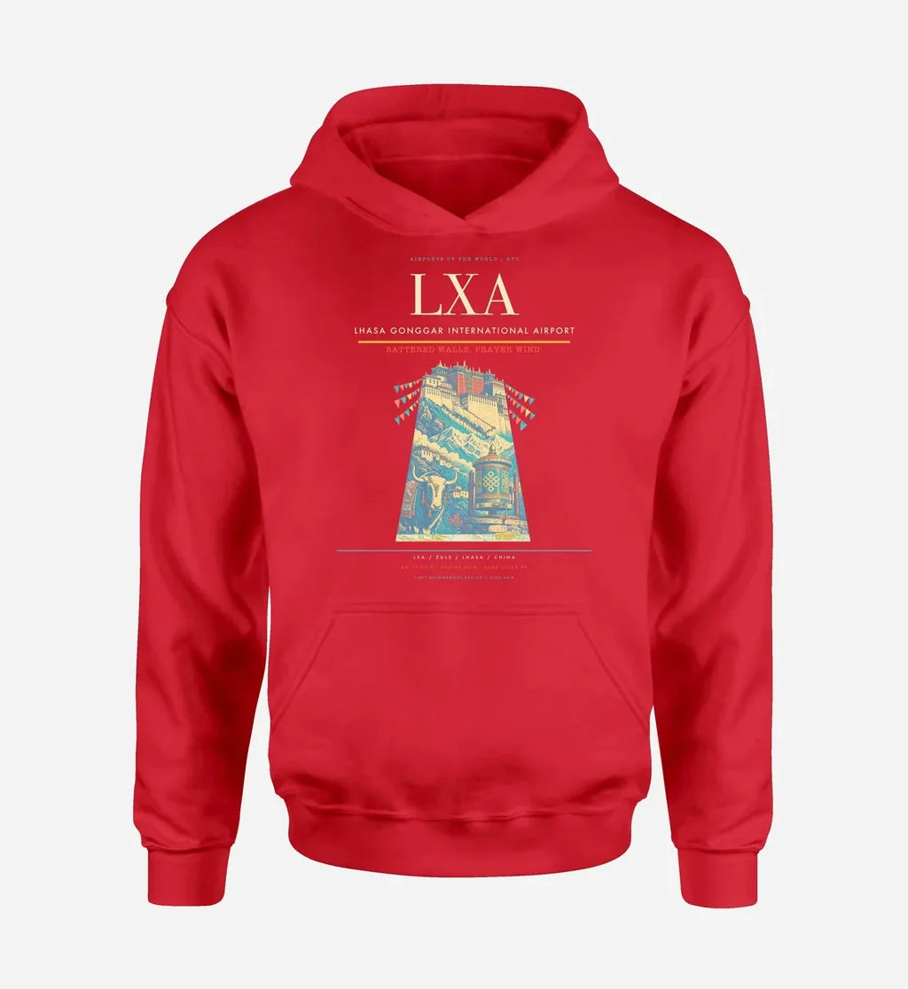 Lhasa Gonggar International Airport (LXA) design on red hoodie single-side print