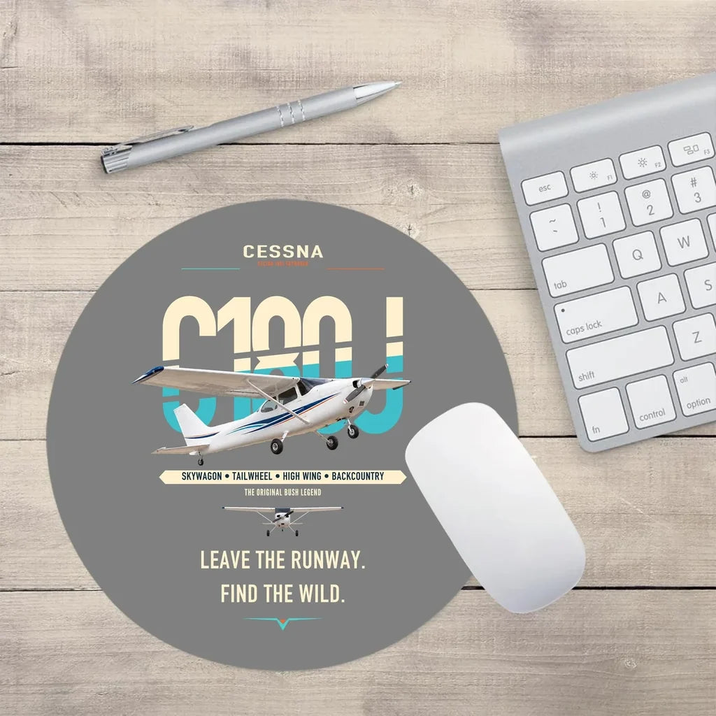 Cessna 180J Skywagon design on gray round mouse pad