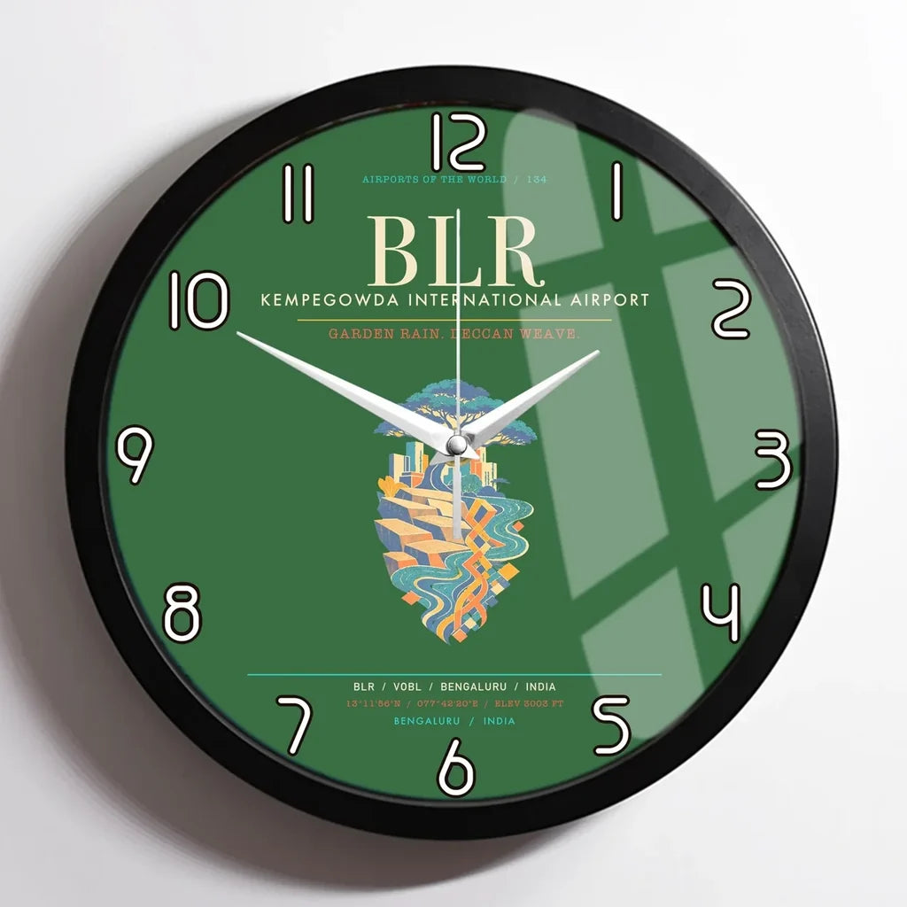 Kempegowda International Airport Bengaluru BLR - Deccan Garden Silk Loom Wall-Clock Framed - Green
