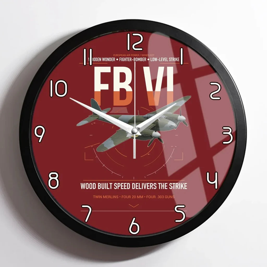de Havilland Mosquito FB VI design on dark red framed wall clock