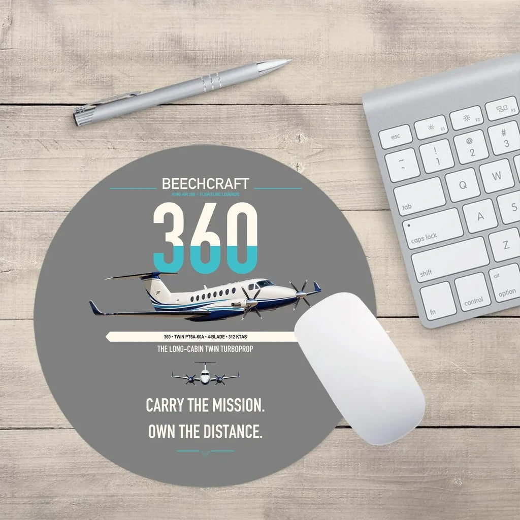 Beechcraft King Air 360 design on gray round mouse pad