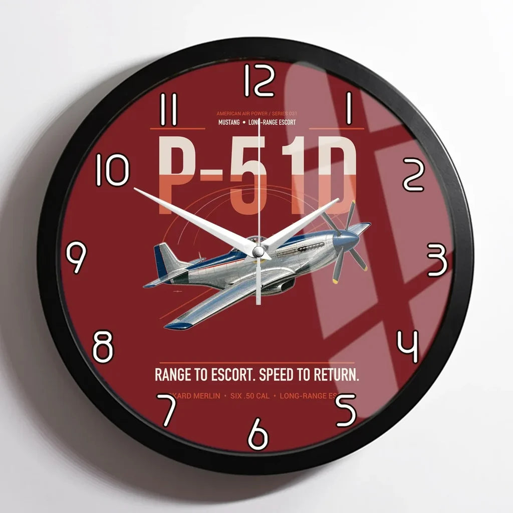 P-51D Mustang design on dark red framed wall clock