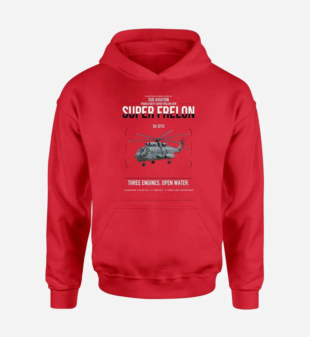 Sud Aviation SA 321G Super Frelon design on red double-side hoodie, single-side print