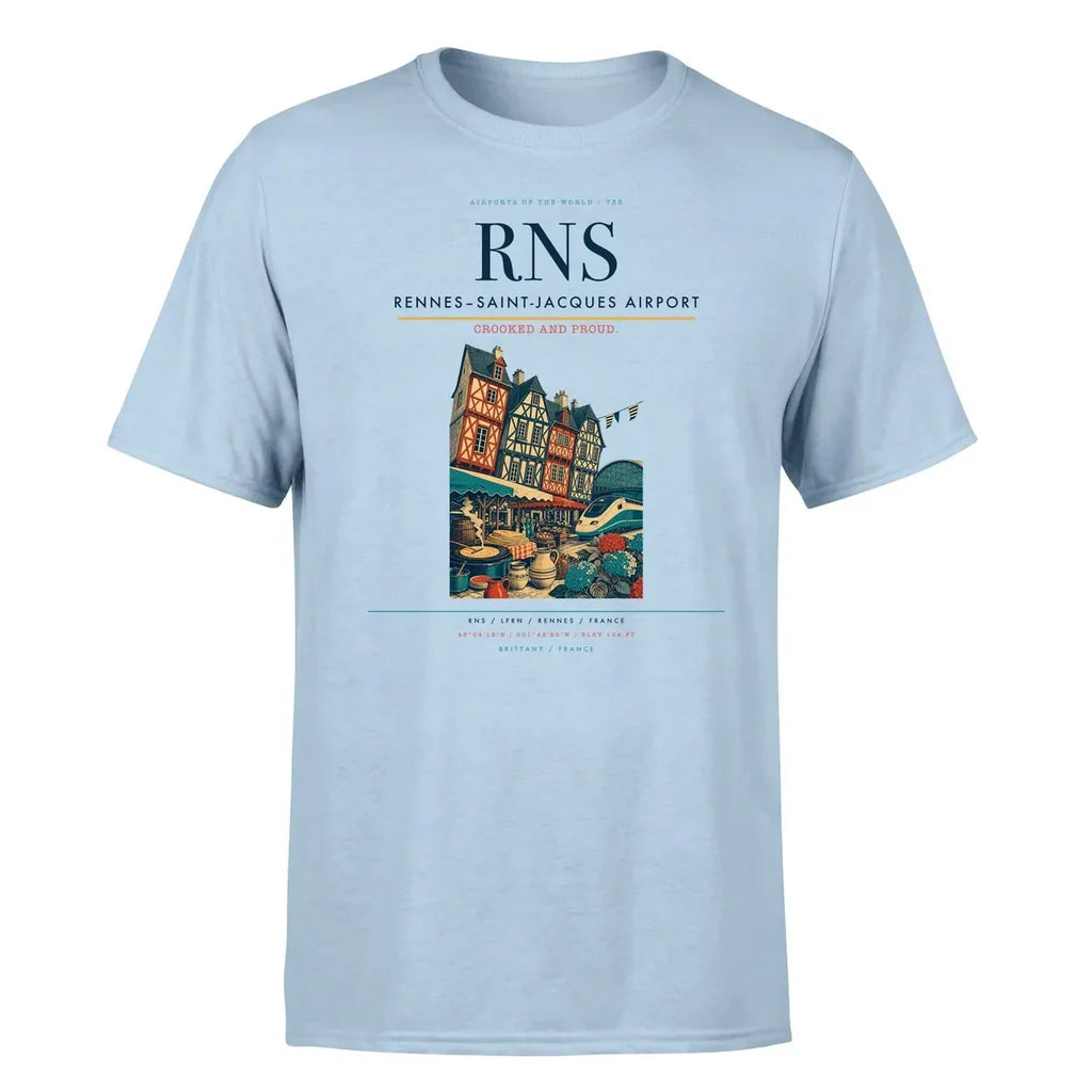 Rennes–Saint-Jacques Airport (RNS) T-Shirt single-side front print in Light Blue | rennessaint-jacques-airport-rns-double-side-t-shirt