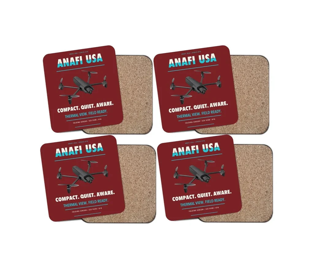 Parrot ANAFI USA design on dark red 4 pieces set coaster