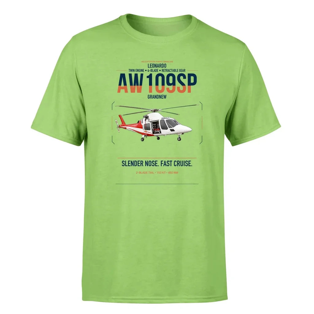 Leonardo AW109SP GrandNew design on light green t-shirt, single-side print