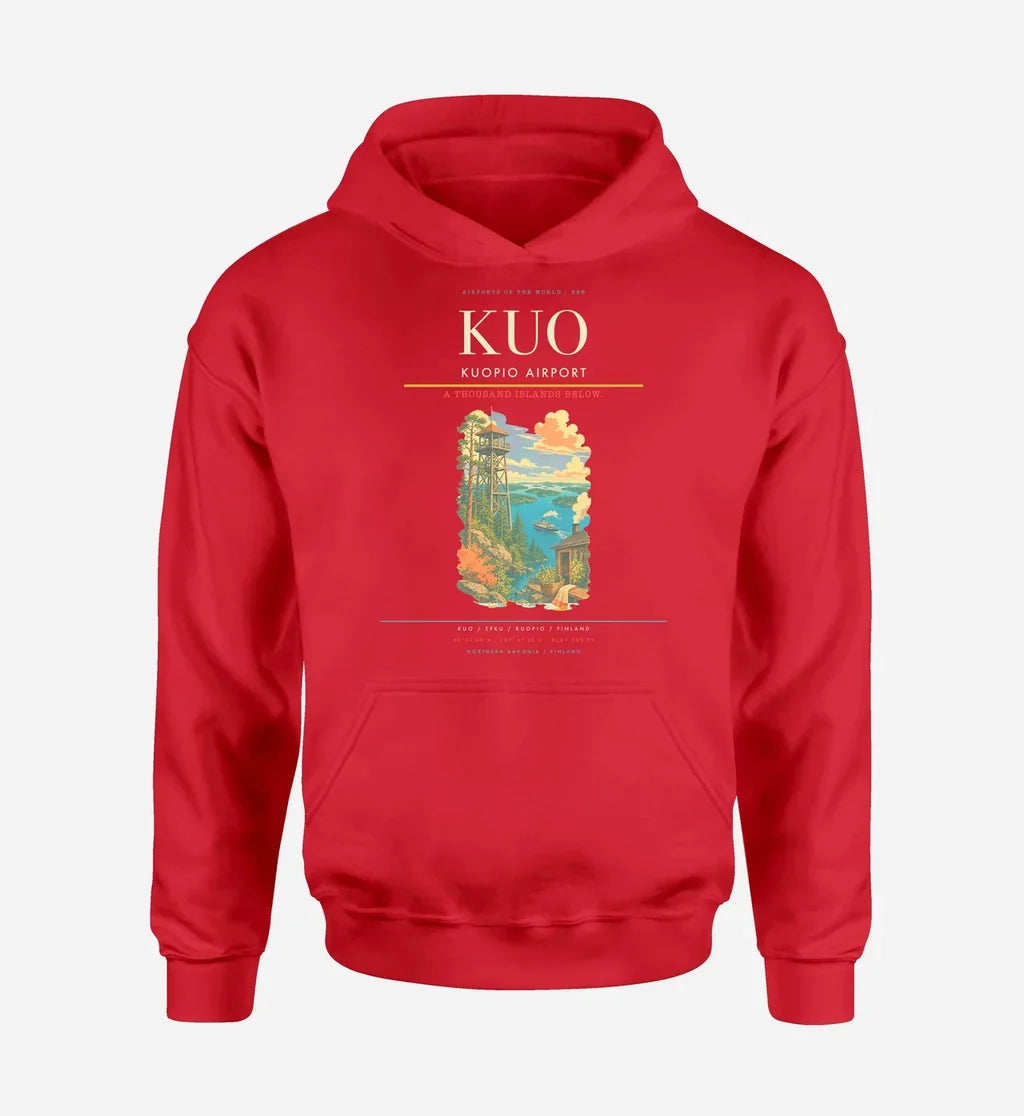 Kuopio Airport (KUO) design on red hoodie single-side print