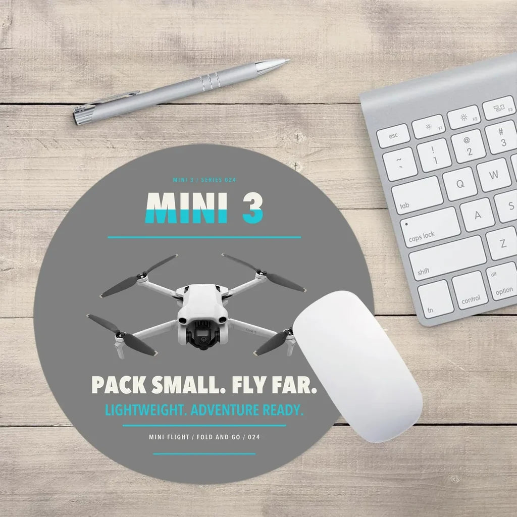 DJI Mini 3 design on gray round mouse pad