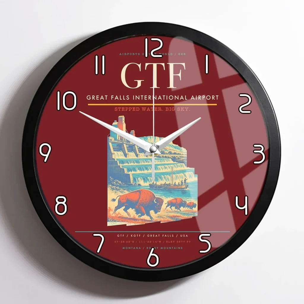 Great Falls International Airport (GTF) design on dark red framed wall clock