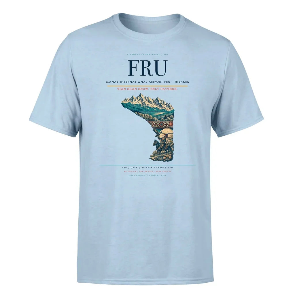 Manas International Airport (FRU) T-Shirt single-side front print in Light Blue | manas-international-airport-fru-double-side-t-shirt
